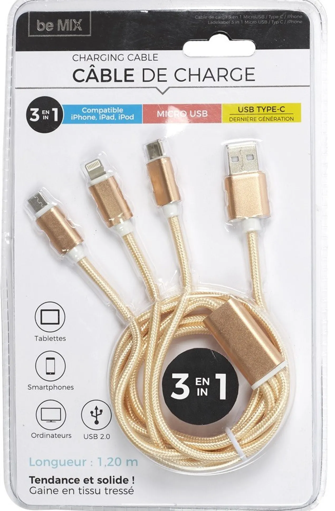 Cabo USB 3 em 1 MICRO USB-T C