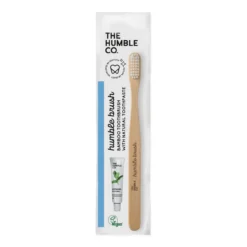 Conjunto Escova de Dentes de Bambú Branco Adulto Macio + Pasta de Dentes Menta Fresca