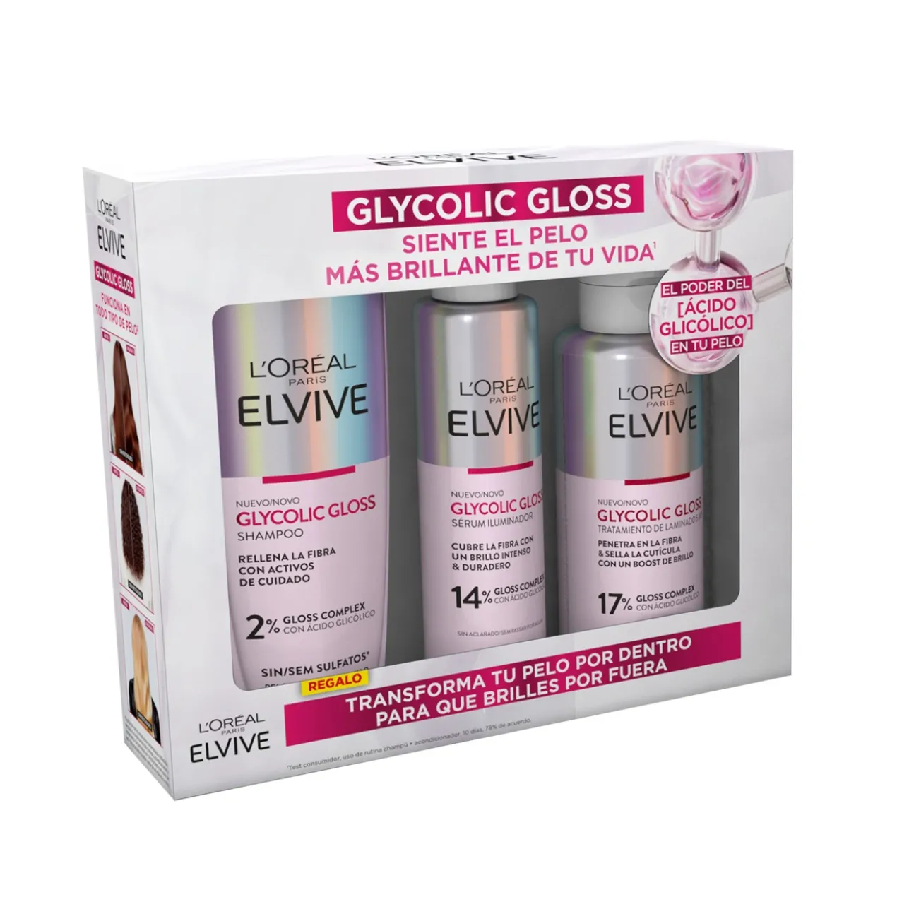 Pack Elvive Glycolic Gloss Champô + Tratamento de Laminagem + Sérum