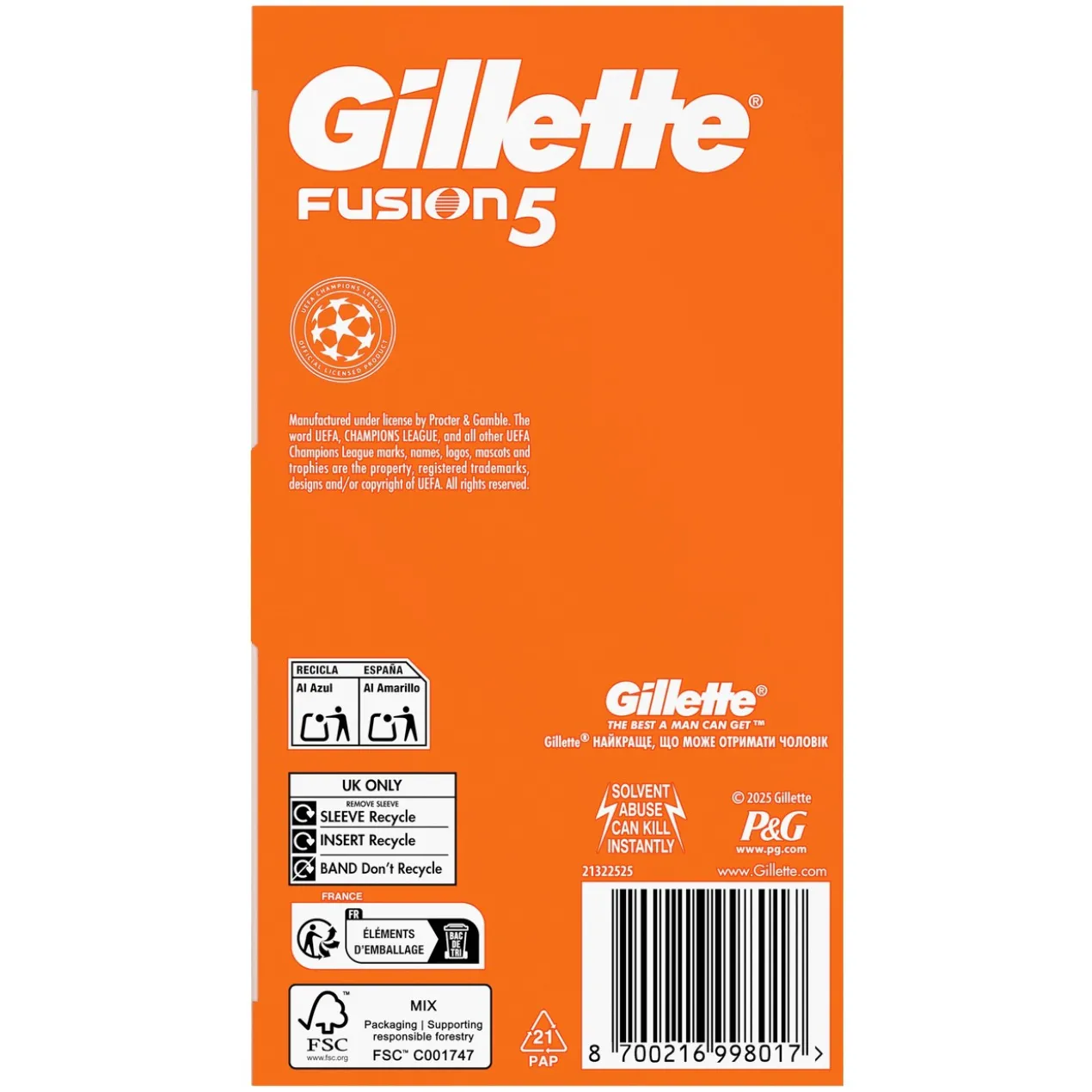 Pack Especial Champions League Gillette Fusion5 Máquina de Barbear